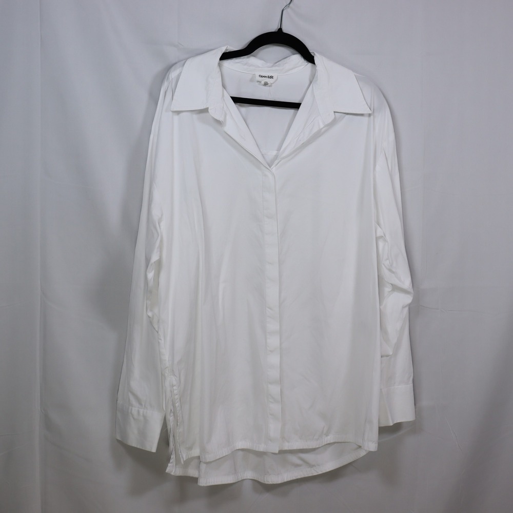 Open Edit Button Down 1X White Women Minimalist Office Cotton Shirt